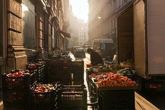 Market delivery being unloaded at dawn on a narrow town street with crates of fresh produce