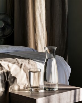 Small hotel room prepared for extreme summer heat with fan, blackout curtains and drinking water
