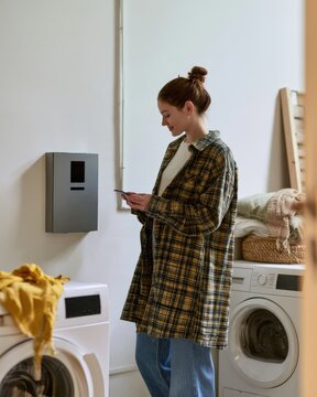 Homeowner checking wall mounted home battery system in utility room while managing everyday household energy use
