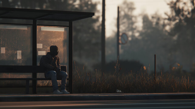 waiting at bus stop, silhouette of a man walking on the street