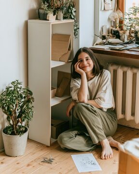 Woman sitting beside newly assembled bookshelf feeling quietly satisfied after completing a home improvement task