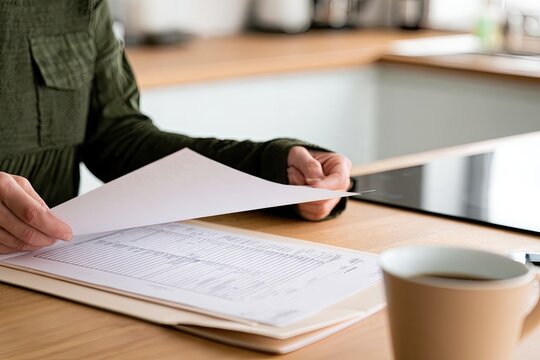 Person finishing monthly household finances and closing bill folder with a sense of relief at kitchen table