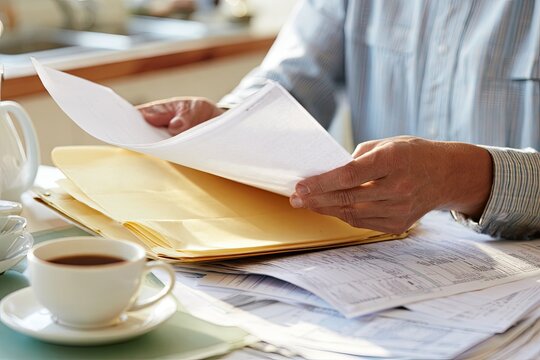 Person finishing monthly household finances and closing bill folder with a sense of relief at kitchen table