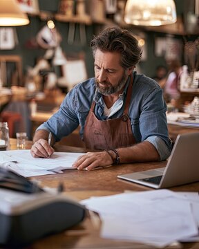 Small business owner printing emergency contact information and procedures to prepare for a digital outage