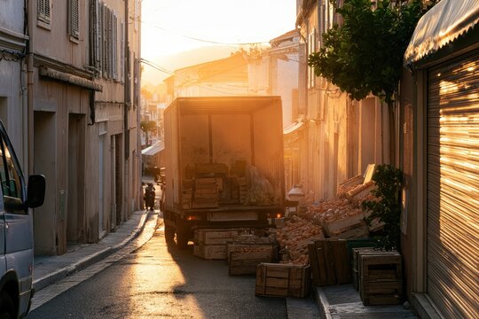 Market delivery being unloaded at dawn on a narrow town street with crates of fresh produce