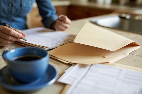 Person finishing monthly household finances and closing bill folder with a sense of relief at kitchen table