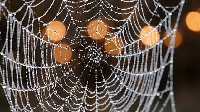 Spider Web Covered in Morning Dew with Bokeh Lights - A detailed macro shot of a spider web glistening with morning dew drops.