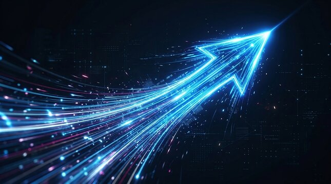 Bright blue arrow streaks upwards through a dark abstract cityscape background