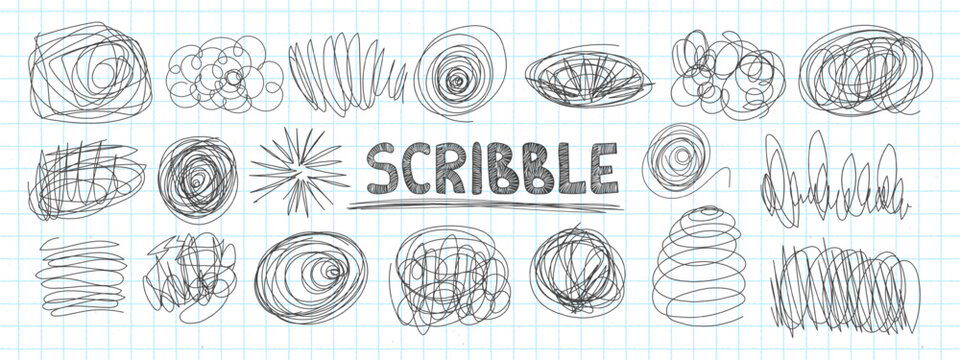 Chaotic pen sketches with tangled scribble lines and doodle circles vector illustration set. Ideal for school projects, handwritten journals, or adding messy artistic flair to creative designs.