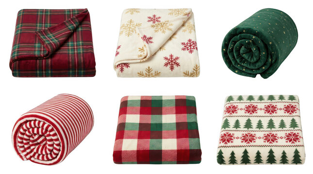 Set of cozy christmas themed blankets and throws isolated on transparent background