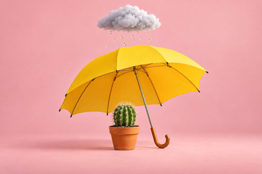 Tiny cactus under a yellow umbrella and rain cloud