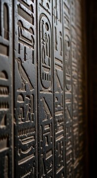 Ancient Egyptian Hieroglyphs Carved on Dark Stone Wall Close-up ideal for history documentaries, educational materials, and travel blogs Vertical. Portrait Orientation.