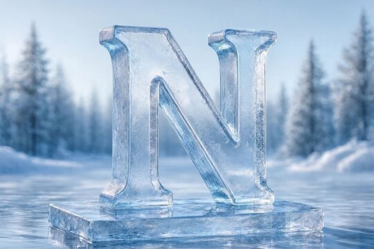 A majestic letter N carved from crystalline ice in a winter forest