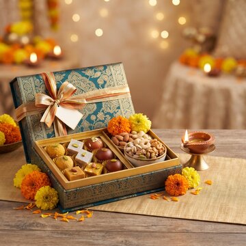 Luxury Diwali gift box beautifully arranged with traditional Indian/Pakistani  sweets, dry fruits, with decorative ribbon.