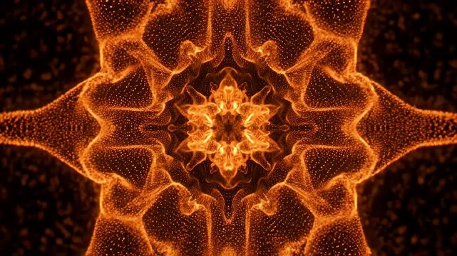 Abstract Orange Particle Mandala Animation - A symmetrical, abstract mandala is formed from glowing orange particles against a dark background.