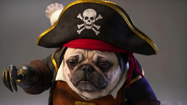 Pug Dog Dressed as Pirate Captain Pointing with Hook Hand in Studio Setting Cinematic Portrait