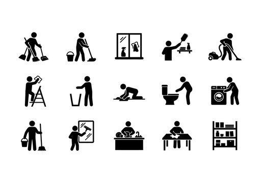 Set of cleaning service icons featuring people performing household chores like vacuuming, washing dishes, and mopping floors