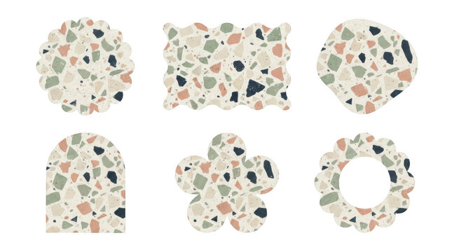 Collection of various decorative shapes with terrazzo pattern isolated on transparent background