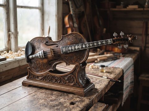 Carved Hardanger fiddle
