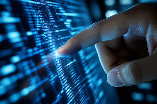 A close-up of a finger touching a bright, blue digital interface displaying lines of code in a dark setting.