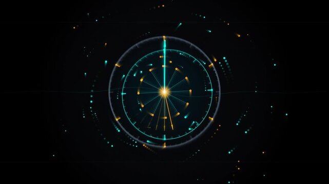 Futuristic motion graphic HUD interface featuring a central glowing core with pulsing circular light rings and floating particle effects against a dark background for advanced technical visual display