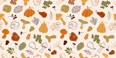Obraz premium Seamless pattern. Hand drawn Craft style mushrooms, autumn food. Kitchen menu design elements. Black fungus, apples, pumpkin, leaves silhouettes. Endless, repeat forest nature background, wallpaper.