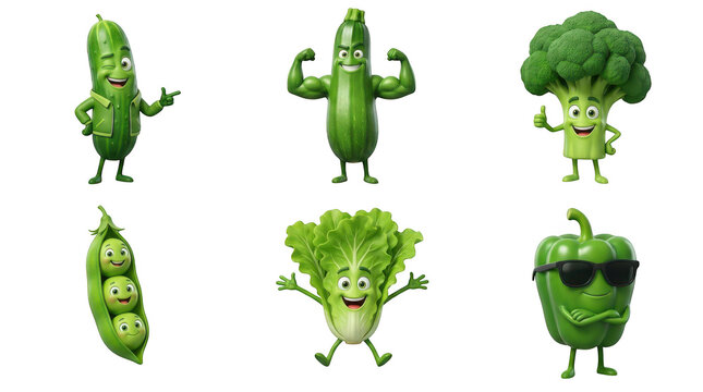 Set of cute 3d vegetable characters with funny faces, isolated on transparent background