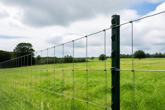 A wire fence stretches across a green field under a cloudy sky with a wooden post in the foreground.