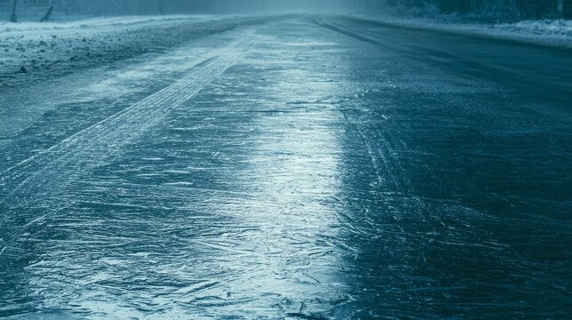 Black ice covering road surface with a glassy transparent layer of frozen water, creating a slippery winter hazard and dangerous driving condition on pavement