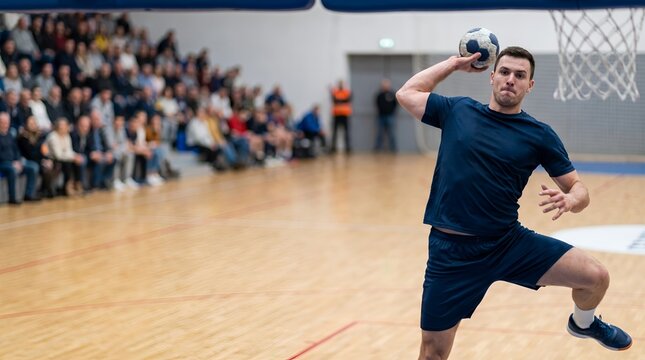 Male Handball Player Throwing Ball in Indoor Arena