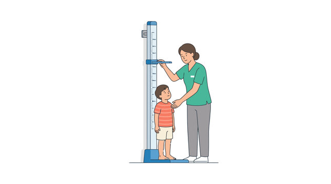 Pediatrician measuring child's height on stadiometer, isolated on transparent background