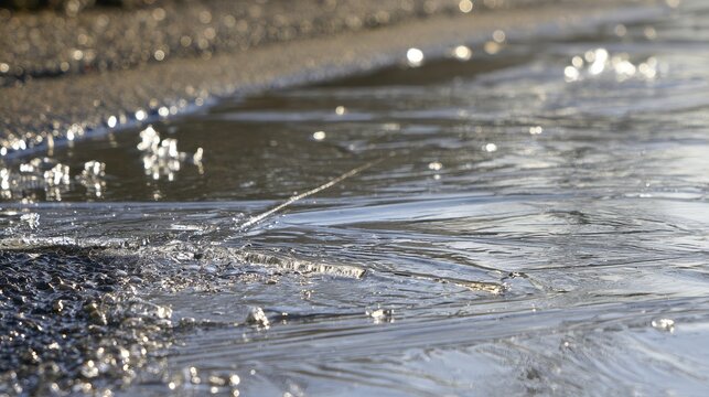 Black ice covering road surface with a glassy transparent layer of frozen water, creating a slippery winter hazard and dangerous driving condition on pavement