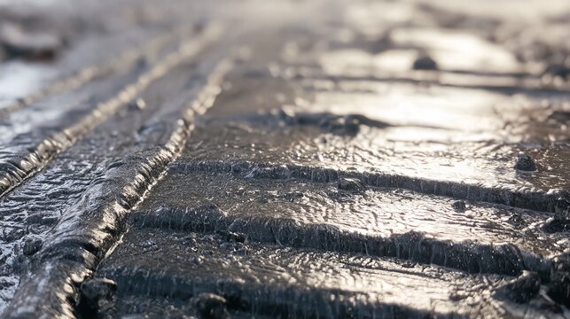 Black ice covering road surface with a glassy transparent layer of frozen water, creating a slippery winter hazard and dangerous driving condition on pavement