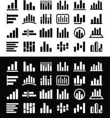 Obraz premium Minimalist bar chart icon set, black and white data visualization symbols, vector graphic infograph elements for business dashboards