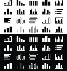 Obraz premium Minimalist bar chart icons set, professional data visualization graph symbols, 40 black and white vector infographic elements for business reports