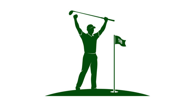 Golfer Celebrating Victory on Green with Flag