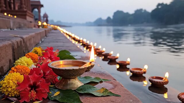 Pitru paksha riverside offering with glowing diya and marigold flowers during durga puja navratri hindu ritual worship spiritual festival celebration background scene