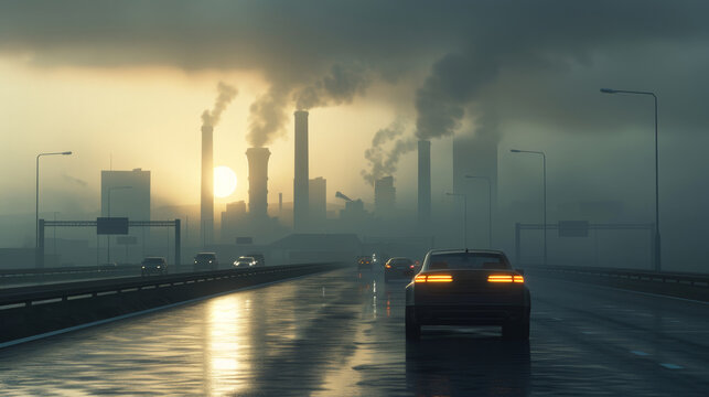 Toxic clouds and acid rain from industrial emissions spreading globally, with smoke polluting the atmosphere, cars contributing to climate change, and forests being destroyed. Environmental crisis.