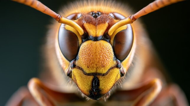 Striking close-up of European hornet Vespa crabro with large compound eyes, segmented antennae and textured mandibles, detailed insect anatomy for biology, entomology and nature studies