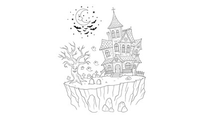 Obraz premium Halloween scene featuring a haunted mansion perched on a cliff edge with ghosts bats and tombstones provides a fun coloring experience.
