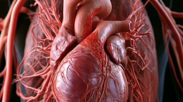 Ultra-realistic 3D human heart and respiratory system with clogged artery, detailed anatomy illustrating cardiovascular disease, blood circulation, respiratory health and medical education