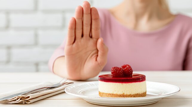 Woman refusing dessert near white brick wall, close-up view showing hand gesture and sweet food, concept of dieting, healthy eating, food choice, self-control, nutrition and lifestyle
