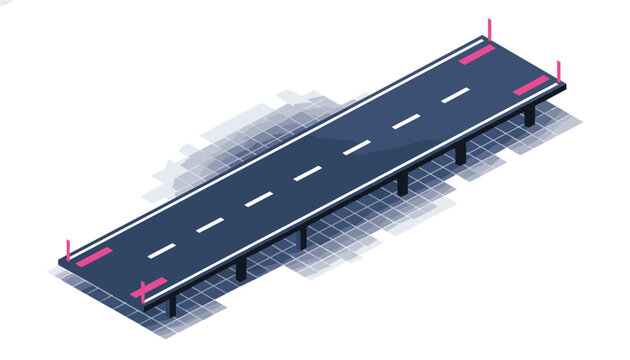 Isometric view of a modular straight road bridge section shows dark asphalt lane markings and pink structural supports on the side edges.