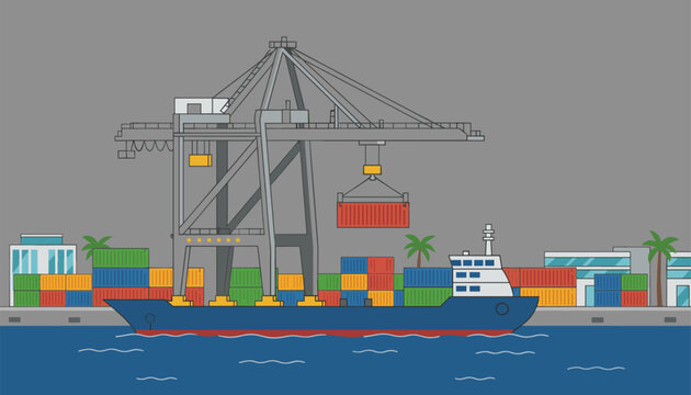 Industrial harbor crane loads a shipping container onto a cargo vessel in a busy maritime port terminal shown in a detailed vector illustration style.