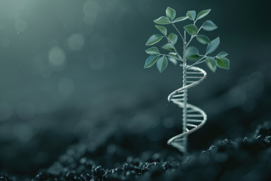 Conceptual representation of the tree of life, blending natural and synthetic DNA strands to symbolize fusion of biology and bioengineering, exploring evolution of life and genetic innovation.
