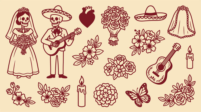 A detailed hand drawn dia de los muertos icon vector bundle featuring traditional mexican wedding skeletons and floral elements