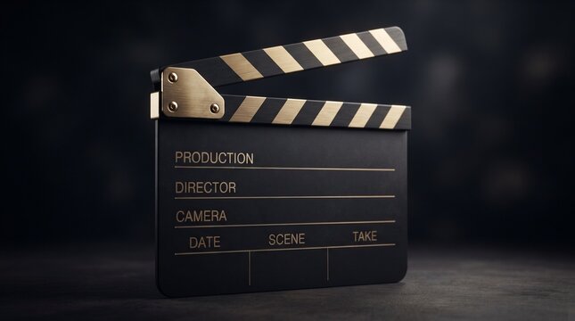 Professional movie clapperboard on dark studio background, cinematic film slate for video production, black clapper board with gold accents