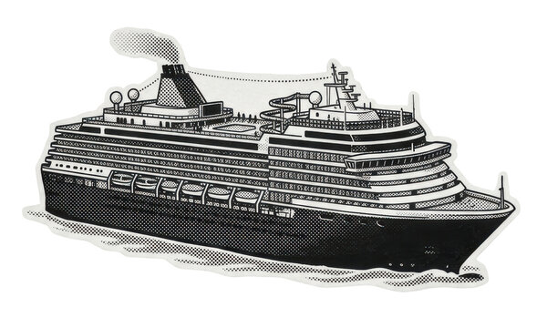 A detailed black and white illustration of a large modern luxury cruise ship.