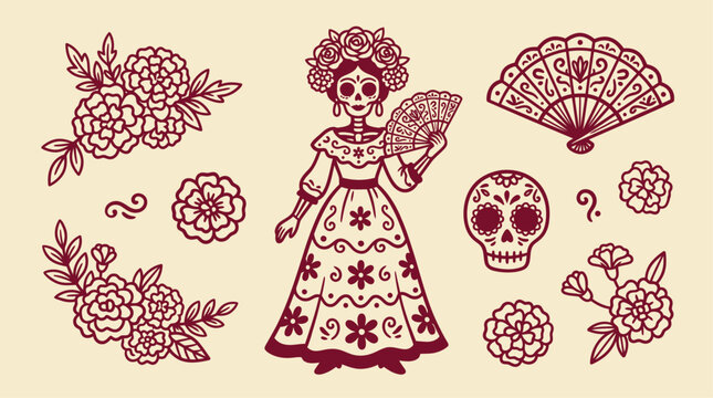 Decorative hand drawn set featuring a dia de los muertos icon vector bundle with traditional mexican culture elements and symbols