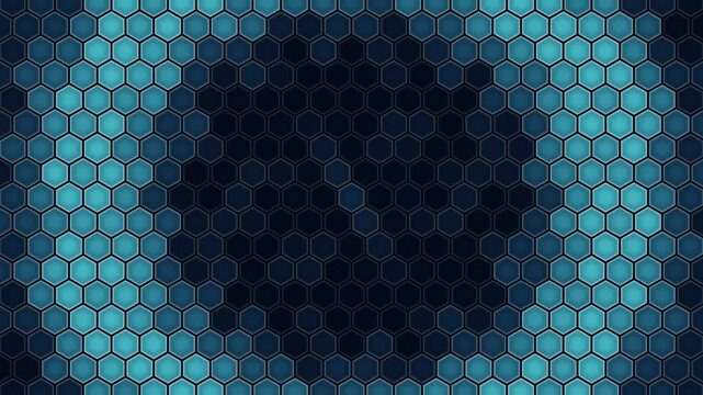 Abstract cyan hexagon grid with expanding concentric ring pulse seamless loop animation
